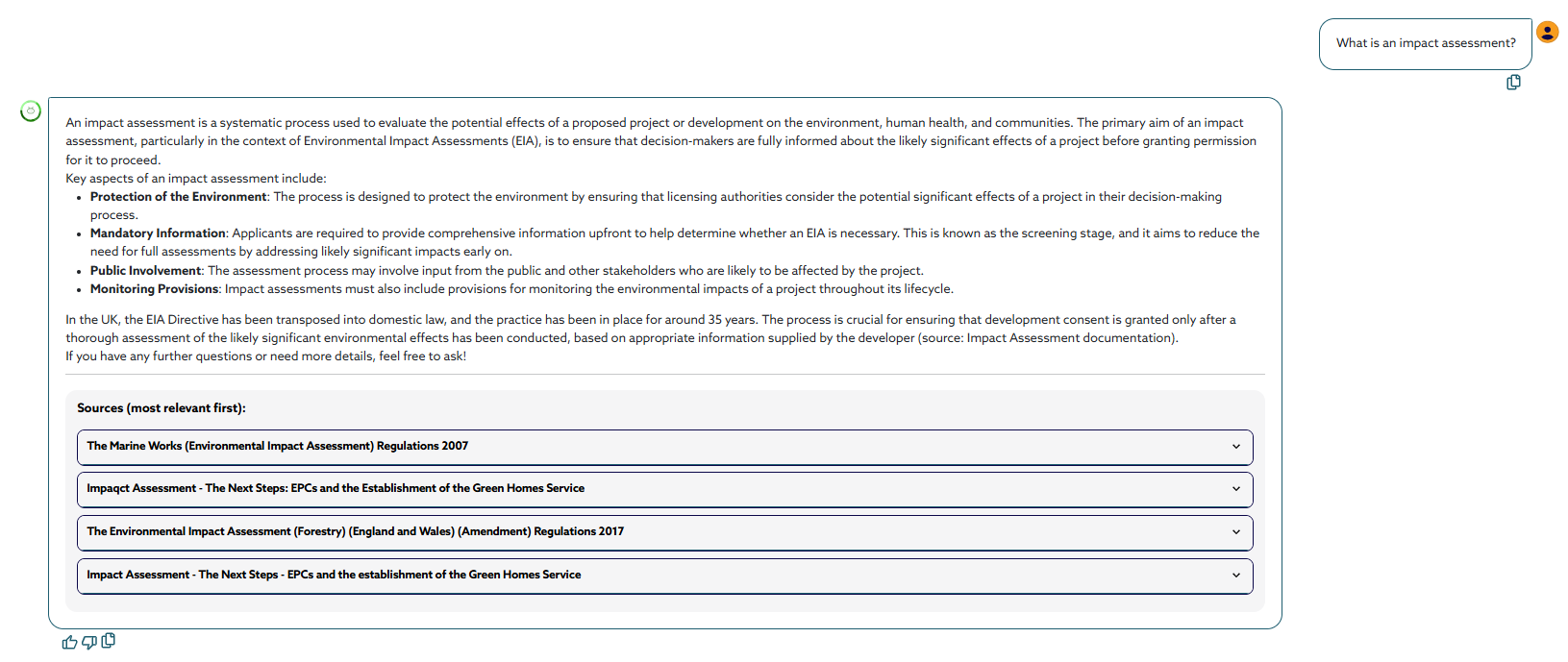 Chatbot speech bubbles explaining Impact Assessments